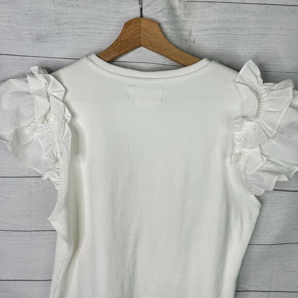 Anthropologie Womens size Large Ruffle Short Sleeve Ribbed Top White - Picture 5 of 8